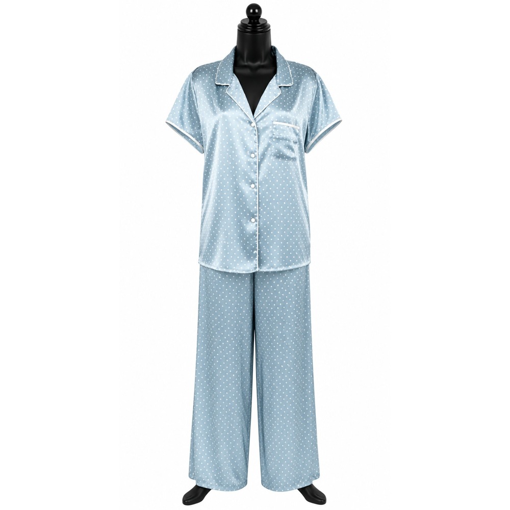 M&S Per Una Womens Short Sleeve Pajama Top Pant Set Size XL Blue Polka Dot Satin